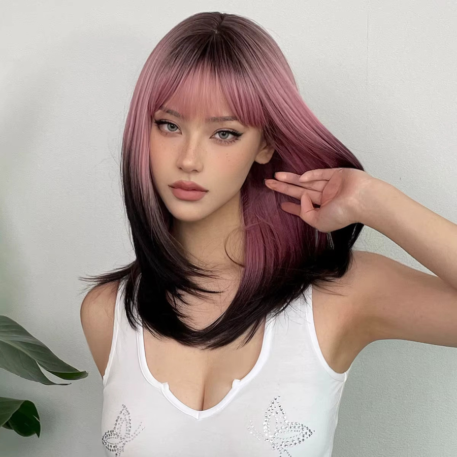 EASIHAIR Perücke, Schwarz Rosa Lila Ombre, Synthetisch, mit Pony, Lange Gerade Layered, Damen - Bild 3