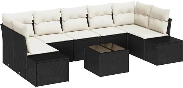 vidaXL Garten-Sofa-Set 8-teilig aus Polyrattan in Schwarz mit beigen Polstern und Couchtisch für Terrasse und Balkon - Bild 1