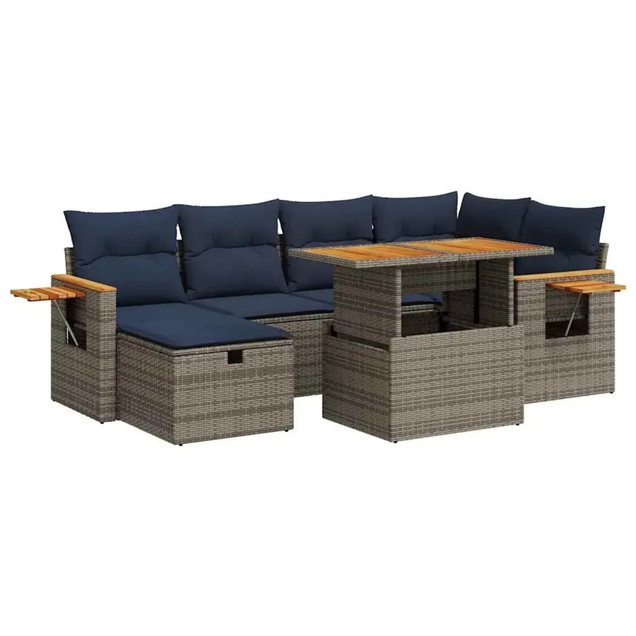 vidaXL 7-tlg. Garten-Sofagarnitur aus Poly-Rattan und Akazienholz in Grau mit Kissen - Bild 2