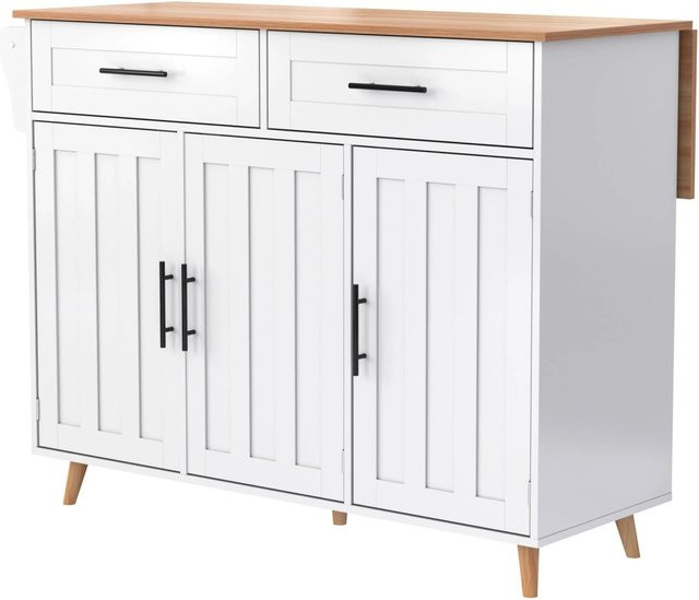 okwish Küchenwagen mit Rollen und faltbarer Arbeitsplatte in Weiß und Holzmaserung, B/T/H: 129 x 46 x 71-91 cm - Bild 1