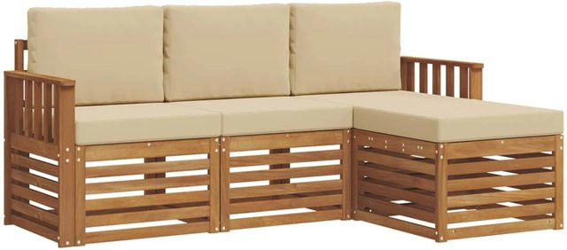 vidaXL Sofagarnitur 4-teilig aus Massivholz Akazie in Natur und Beige mit Sitzkissen und Rückenkissen - Bild 1