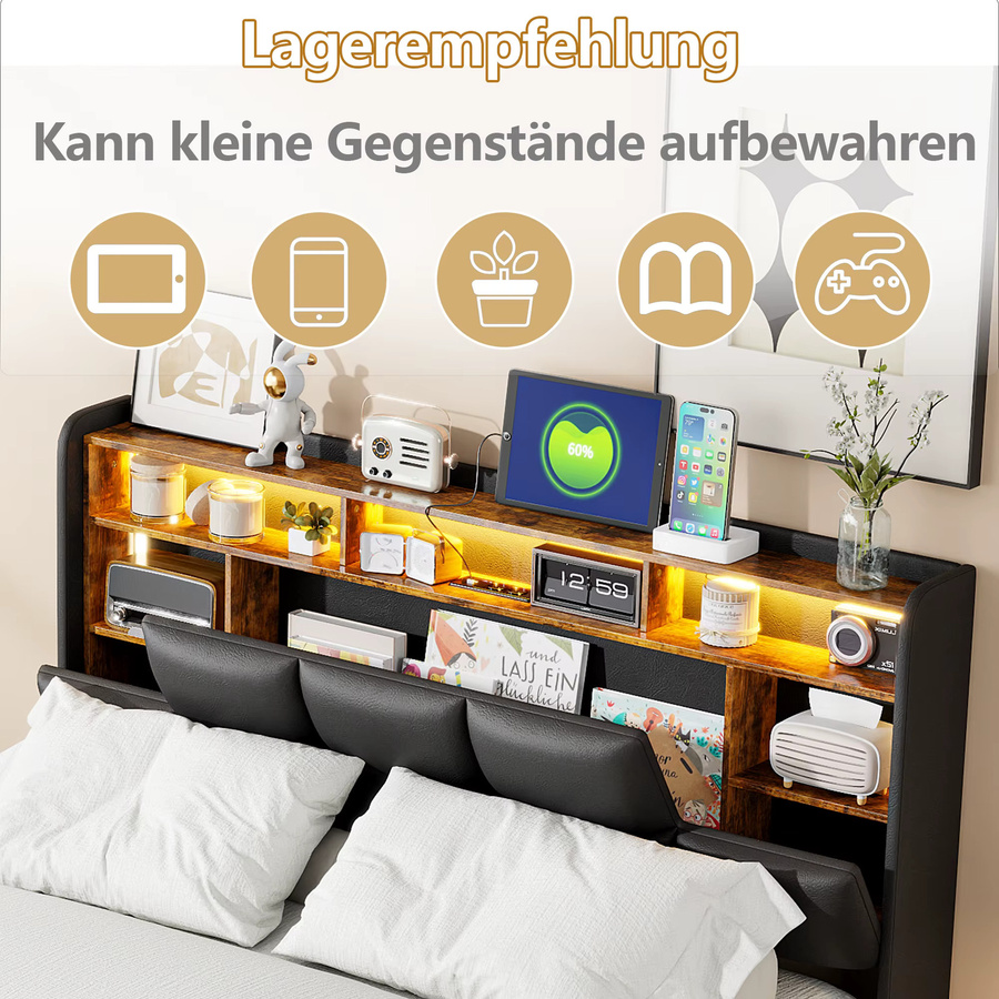 Comanlai Hydraulisches Polsterbett mit Stauraum, USB-Ladestation und LED-Beleuchtung, Farbe: Schwarz, B/T: 140 x 200 cm - Bild 4