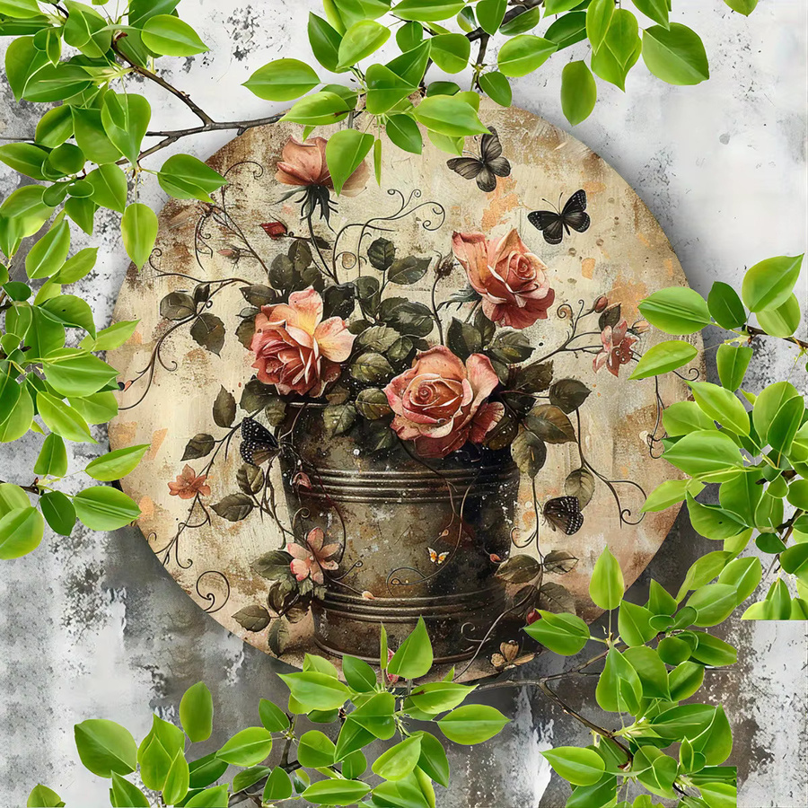 Potdemiel Vintage Blumen Wandkunst aus Aluminium, rundes dekoratives Schild in Mehrfarbig, Durchmesser: 20,3 cm - Bild 3