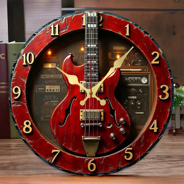 WOKLOK Runde Wanduhr aus Holz im Vintage-Gitarren-Stil, geräuschlos, Rot - Bild 1
