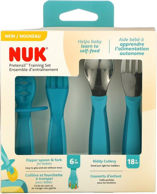 NUK Übungsbesteck-Set 4-teilig in Grau und Blau mit ergonomischem Design für Kinder ab 6 Monaten - Bild 1