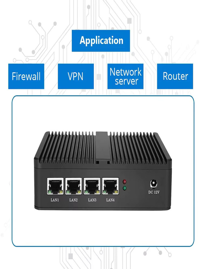 Intel Industrie-Mini-PC mit Celeron N2830/J1900, 4x 2.5G LAN, 2x USB, 1x HDMI, 1x VGA, WLAN-Unterstützung, Firewall-Gerät, Schwarz, Windows 10 kompatibel - Bild 3
