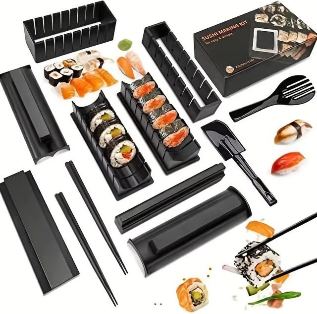 PGY Sushi-Herstellungsset aus Kunststoff, 10-teiliges Sushi-Maker-Set in Schwarz, rechteckige Rollenform für Sushi-Reis - Bild 1