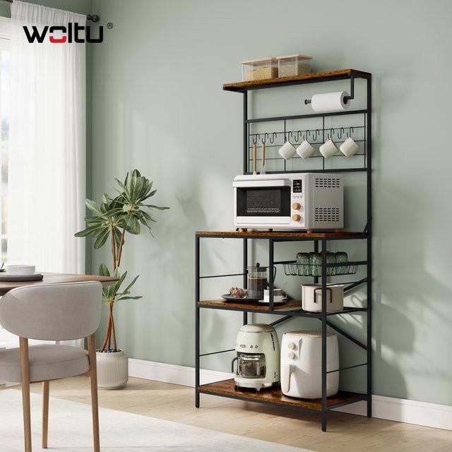 WOLTU Mikrowellenregal im Vintage-Design mit 4 Regalen, 10 S-Haken und abnehmbarem Korb in Braun - Bild 1