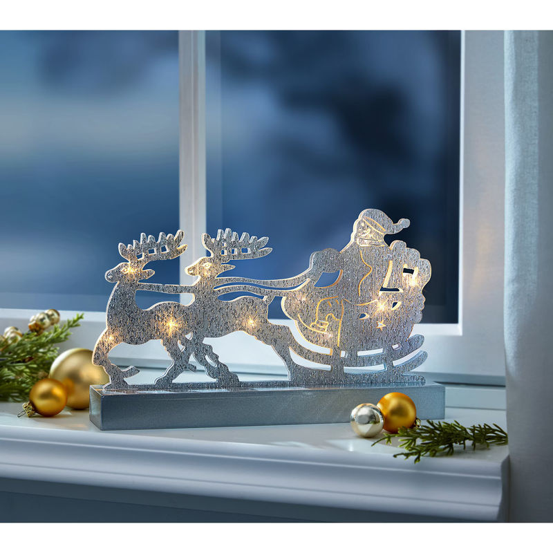 LED-Glitterdeko Schlittenfahrt von viva domo mit Weihnachtsmann und Rentier in Silber - Bild 2