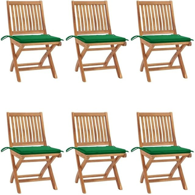 6er Set vidaXL Klappbare Gartenstühle aus Teakholz mit Kissen in Braun und Grün - Bild 1