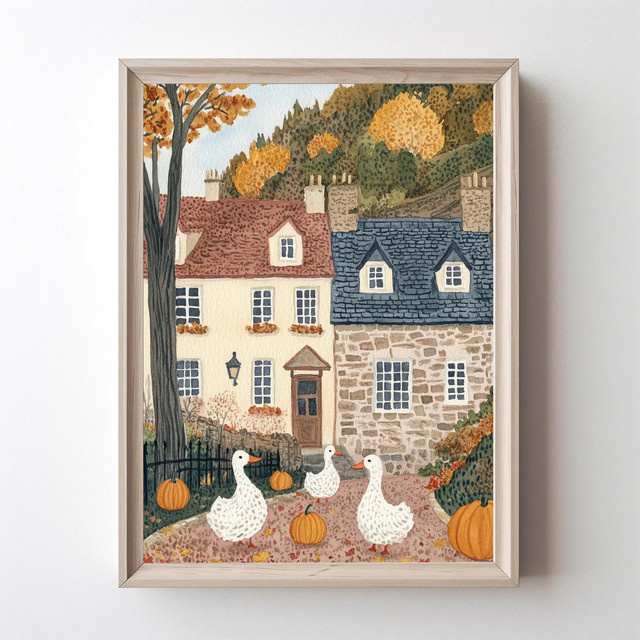 SHENCHEN Wandkunst Herbstmotiv mit Ente und Kürbis in Mehrfarben als rustikaler Druck - Bild 1