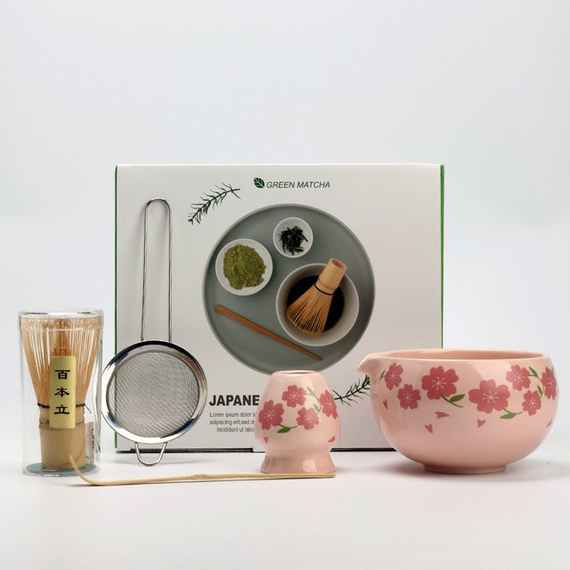 bespritgift Sakura Matcha Kit, 2 bis 7-teiliges Matcha-Set mit rosa Keramik-Schale und Bambus-Schneebesen, japanisches Tee-Set mit floralem Design - Bild 1