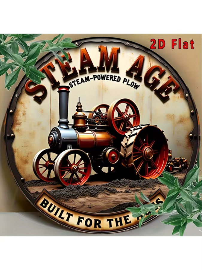 Potdemiel Vintage Steam Age Traktor Metallschild rund, rustikale Wandkunst aus Aluminium, Durchmesser: 19,81 cm, Mehrfarbig - Bild 7