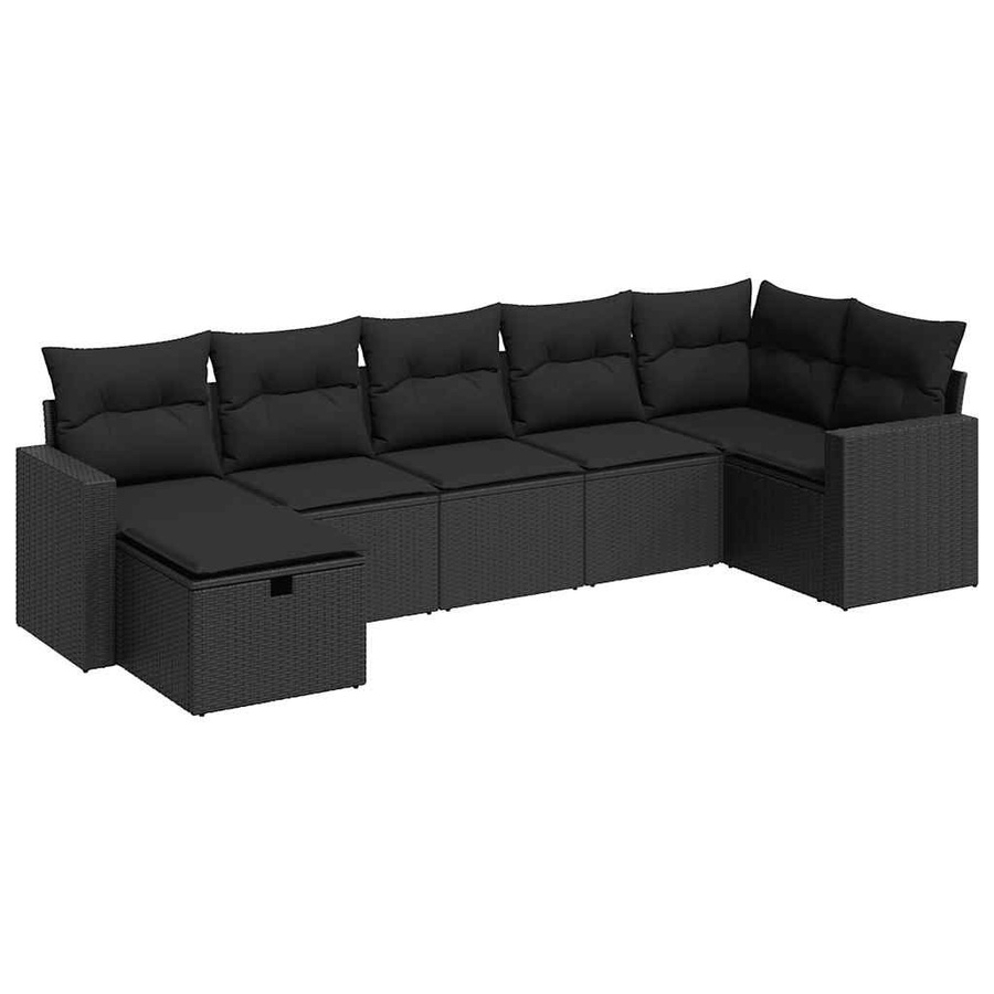 vidaXL 7-tlg. Garten-Sofagarnitur in L-Form aus Polyrattan mit Kissen, Schwarz - Bild 4