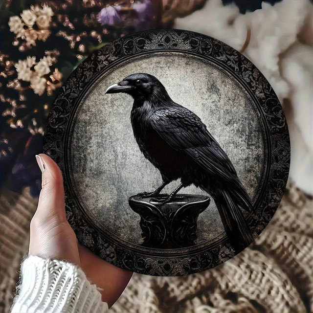 Rundes Metallblechschild mit Rabe von Potdemiel im Vintage-Stil als Wandkunst, Durchmesser: 20,3 cm - Bild 1