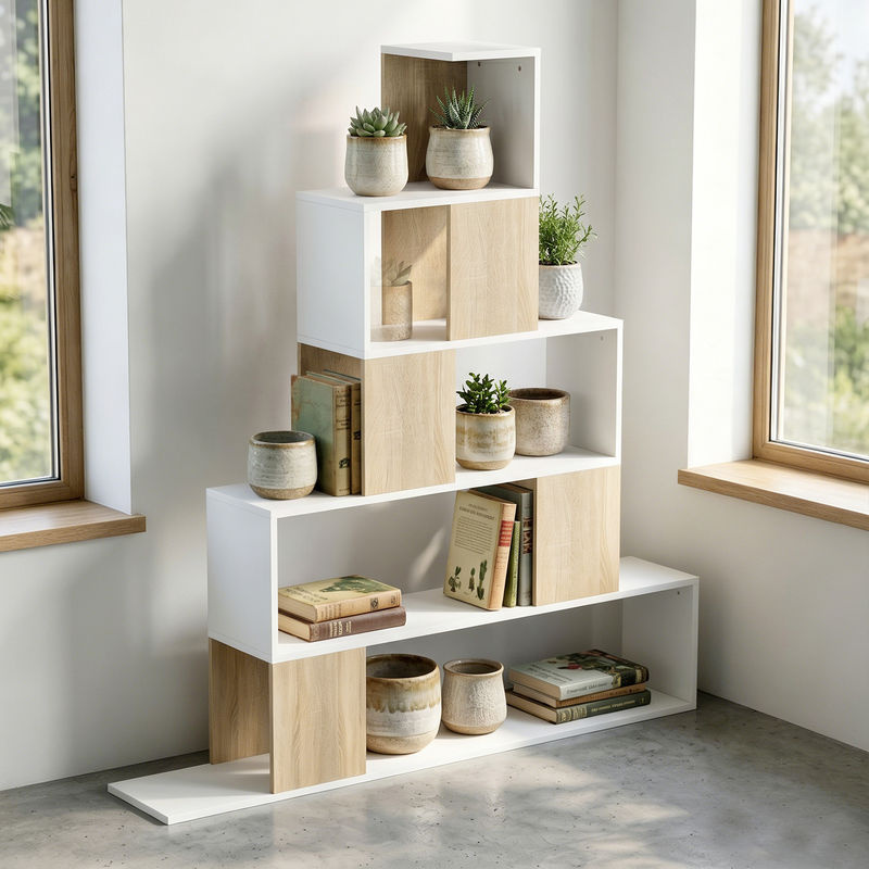 HOMCOM 5-stufiges Aufbewahrungsregal in geometrischem Design für Wohnzimmer, Schlafzimmer oder Büro, Weiß und Naturholz, B: 120 cm, T: 22 cm, H: 131,5 cm - Bild 2