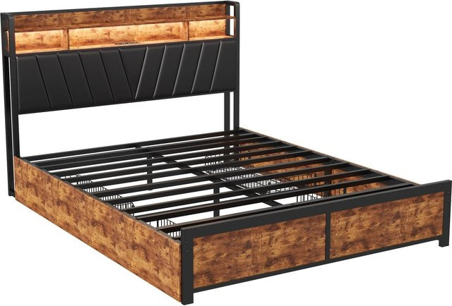 PXloue Doppelbett mit Schubladen, LED-Beleuchtung und USB-Ladestation in Braun und Schwarz, B/T/H: 140 x 200 x 217 cm - Bild 1