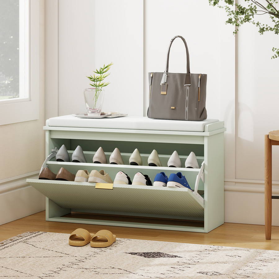 HOMCOM Schuhbank mit gepolstertem Sitzkissen und klappbarem Schubladenfach in Grün, B/T/H: 80 x 26 x 47,5 cm - Bild 2