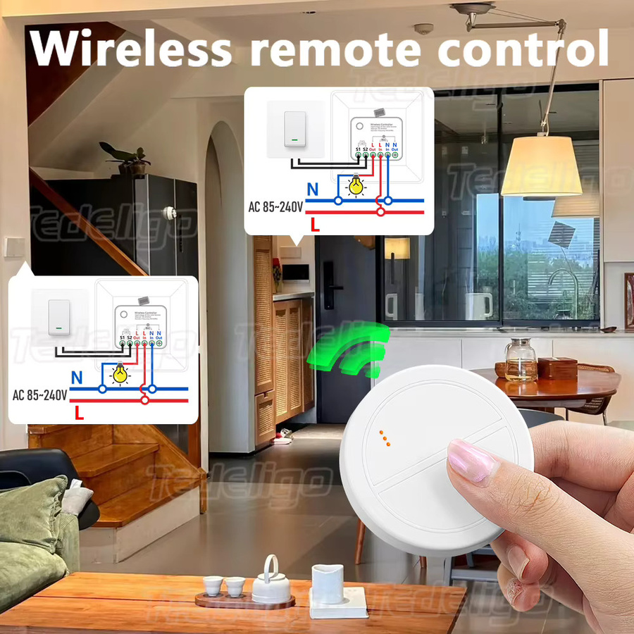 Tedeligo Kabelloses Lichtschalter Mini-Modul mit 2-Wege-Steuerung und Verzögerungsfunktion, 433MHz Fernbedienung für LED und Lüfter, Weiß - Bild 2