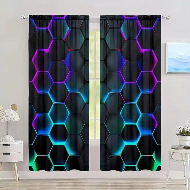 Yiran Furniture Vorhänge mit sechseckigem Grafikdruck, 2er-Set, halbtransparent, Multicolor, B: 35 cm, H: 150 cm - Bild 1