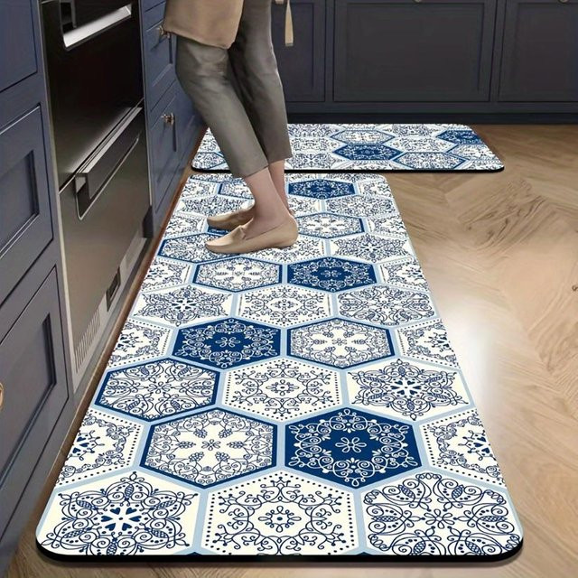 Lodestar Böhmischer Vintage Küchenteppich Blau, Wasserabsorbierende Anti-Rutsch Kieselgurmatte für Badezimmer und Heimdeko, B/B: 50 x 80 cm - Bild 1