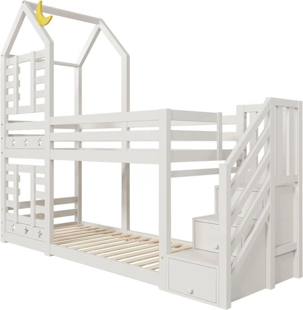 KOMHTOM Kinder Etagenbett Baumhaus in Weiß mit Schubladen und Rausfallschutz, B/T/H: 200 x 90 x 170 cm (ca.) - Bild 1