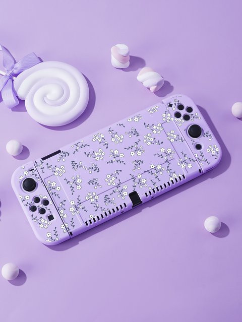 Panda Blumenhülle für Nintendo Switch OLED in Lila, tragbare und trennbare Schutzhülle für Joycons - Bild 1