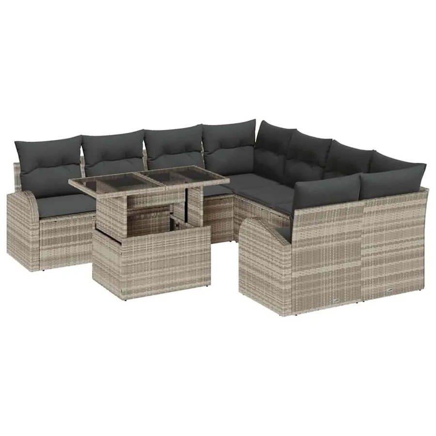 vidaXL Garten-Sofa-Set 9-tlg. aus Poly Rattan in Hellgrau mit Kissen und Couchtisch in U-Form - Bild 2