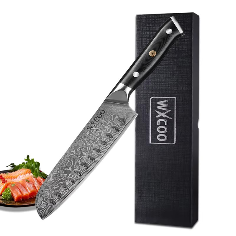 WXCOO Santoku Kochmesser aus Damaststahl mit VG10 Kern und Holzgriff in Silber - Bild 6