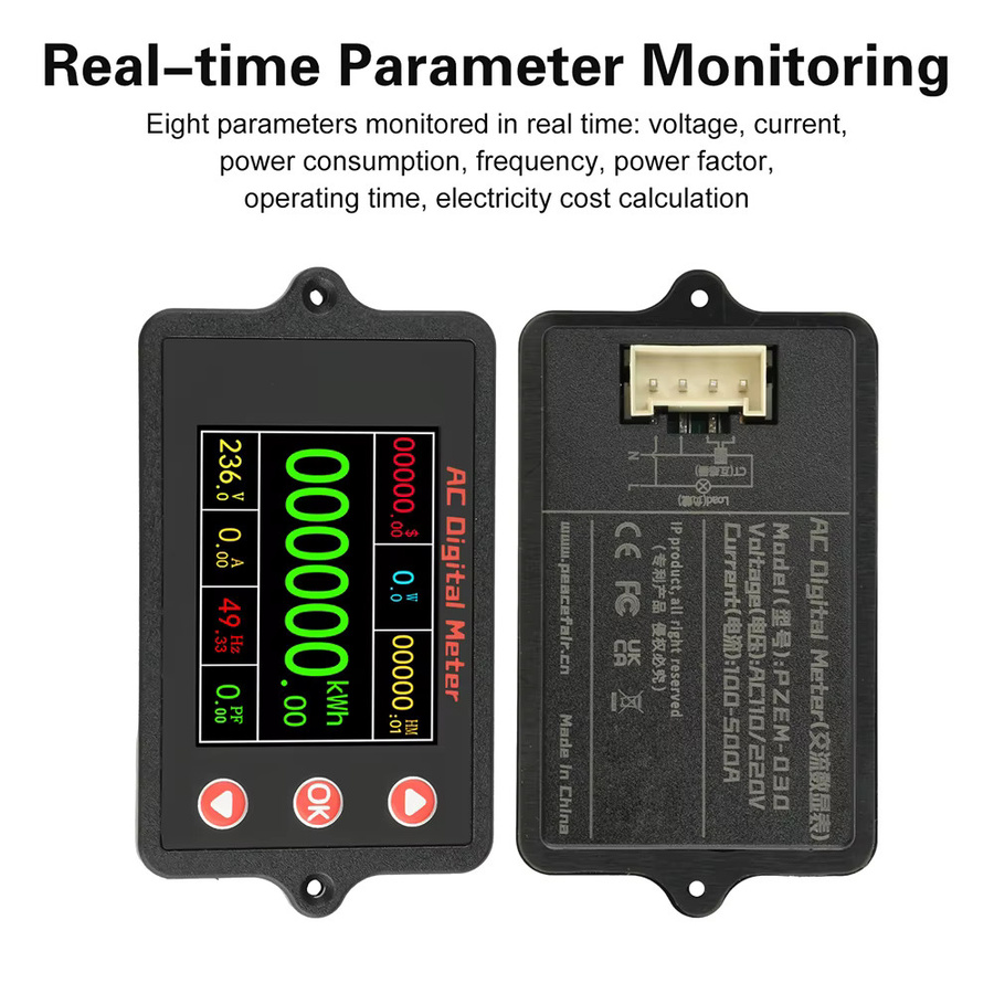 Voktta Multifunktionales Digitales Leistungsüberwachungs- und Energie-Multimeter mit 2 Zoll TFT Farbdisplay zur AC Spannungs- und Strommessung 0-100A in Schwarz - Bild 2