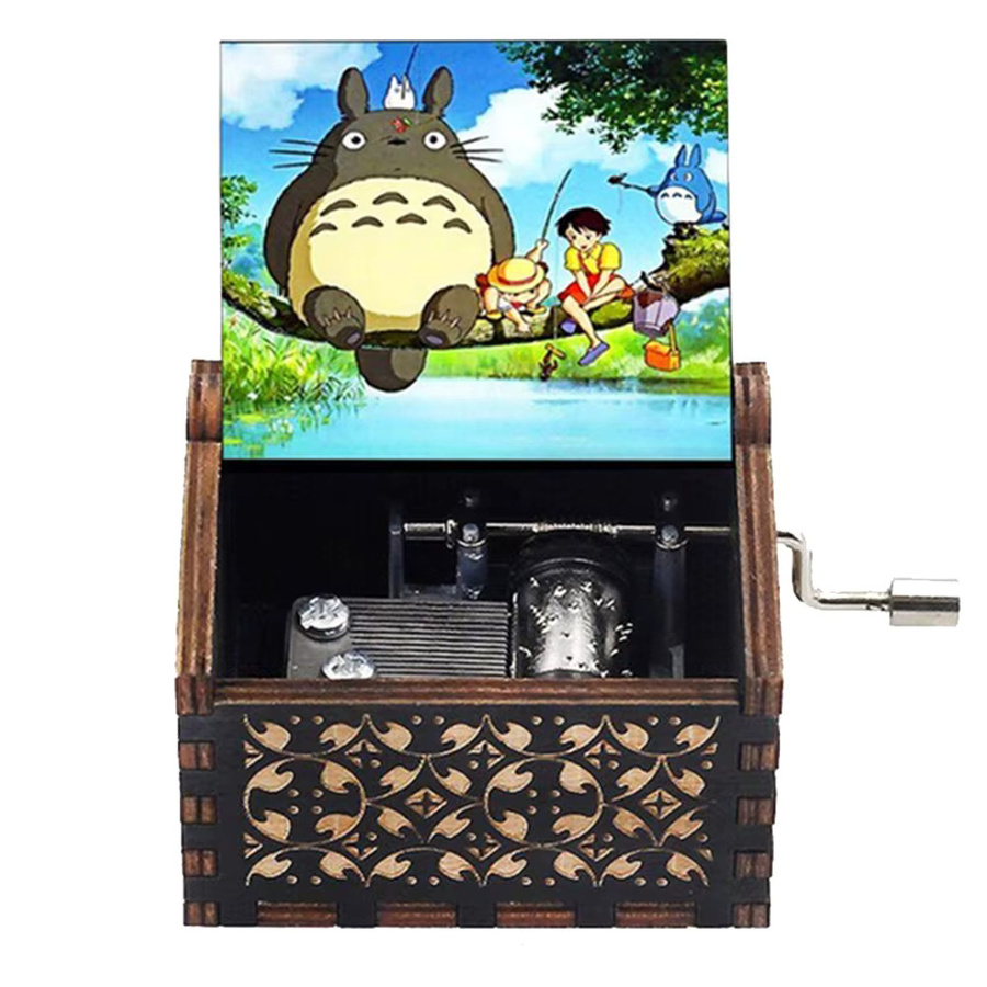 Bandai My Neighbor Totoro Holzwagenmusikdose mit Handkurbel im Vintage-Design, Braun - Bild 5