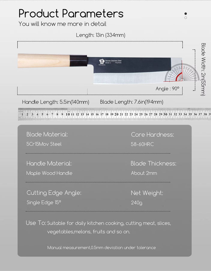 WILDMOK Nakiri-Messer aus Kohlenstoffstahl mit Holzgriff, 7 Zoll traditionelles Küchenmesser zum Schneiden - Bild 5