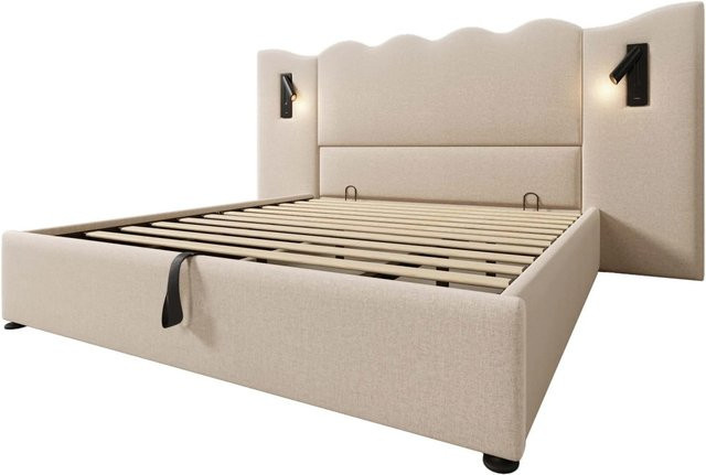Merax Polsterbett in Beige mit integrierter Leselampe und USB-Ladeanschluss, B/T/H: 180 x 200 x 111 cm - Bild 1