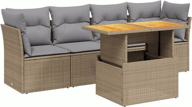 vidaXL 5-tlg Garten-Sofagarnitur mit Kissen aus Poly Rattan in Beige - Bild 1
