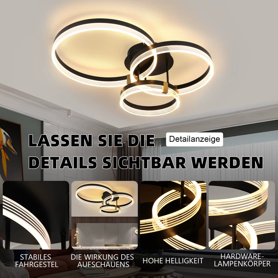 Oyajia LED-Deckenleuchte mit 3 Ringen, dimmbar, 42 W, 3-farbiges Licht mit Fernbedienung, Durchmesser: 70 cm - Bild 3