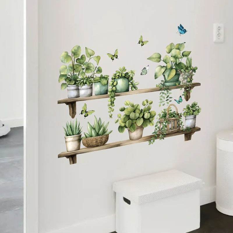 BRUP Wandaufkleber mit floralem Aquarell-Design aus Topfpflanzen und Schmetterlingen in Mehrfarbig für Wohnzimmer, Schlafzimmer und Kinderzimmer im Bohemian-Stil - Bild 1