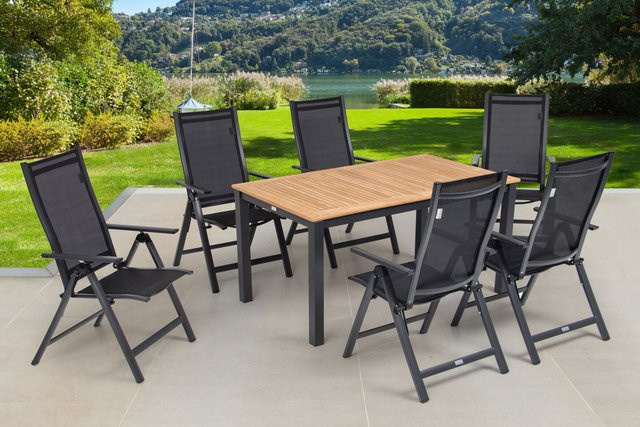 OUTFLEXX Garten-Essgruppe aus Aluminium, Teakholz und Textilene in Anthrazit Matt mit Ausziehtisch und 6 Klappstühlen, Tisch B/T: 150/210 x 90 cm - Bild 1