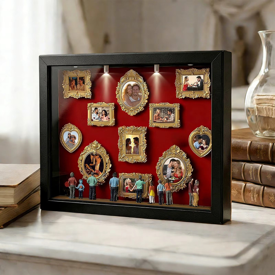 Mini-Museum Silhouetten-Box Erinnerungsfotorahmen mit LED-Beleuchtung und 8 Figuren aus Holz, 11-teiliges Set für den Schreibtisch - Bild 2