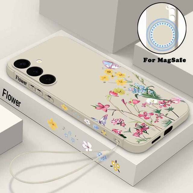 Magnetische weiche Schutzhülle mit Blumenmuster für Samsung Galaxy S25 S24 S23 S22 Ultra Plus und S24 FE, Farbe: Schwarz, MagSafe kompatibel mit Lanyard-Funktion - Bild 1