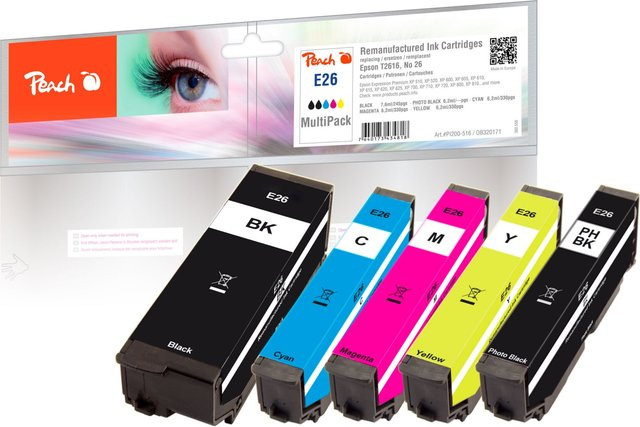 Peach E26 Druckerpatronen Set für Epson No. 26, 5er Pack, wiederaufbereitet, Multicolor (BK, BKPH, C/M/Y) - Bild 1