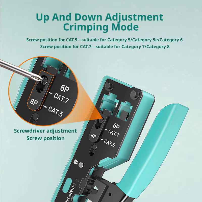 SAMZHE RJ45 Crimpzange mit Durchgangsfunktion und Schneidefunktion für Cat6a Cat6 Cat5 8P8C modulare Steckverbinder in Türkis - Bild 3