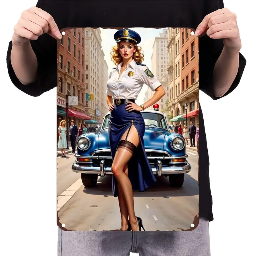 HELLOYOUNG Vintage Metall-Blechschild Wanddekoration mit Blondine in Polizeiuniform und klassischem Auto, Mehrfarbig, Rechteckig - Bild 3