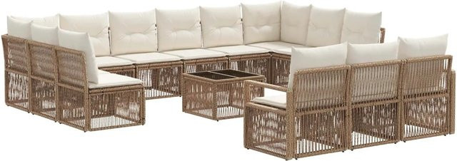 vidaXL Gartensofa-Set 14-teilig in U-Form, Beige, Poly-Rattan mit Polsterung und Armlehnen - Bild 1
