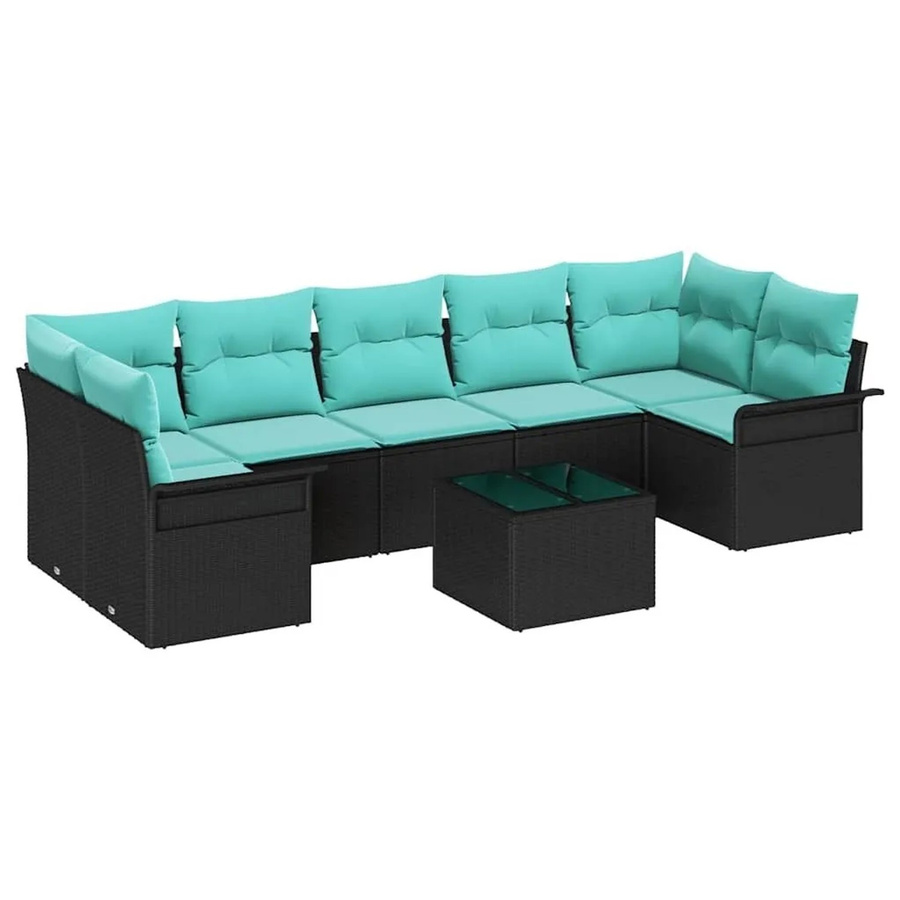 vidaXL Gartensofa-Set aus Poly-Rattan in Schwarz-Türkis mit 8 Kissen und Tisch, L-Form mit pulverbeschichtetem Stahlrahmen - Bild 2
