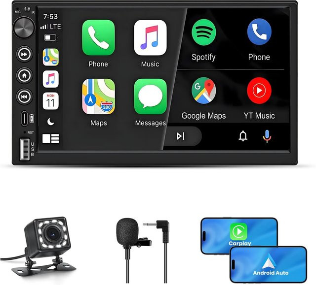 JUNSUN Doppel DIN Autoradio mit 7 Zoll IPS Touchscreen, Android Auto und Bluetooth, Schwarz - Bild 1