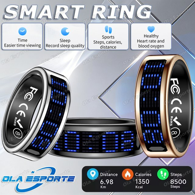 Ola Esporte Smart Ring mit LED-Display für Männer und Frauen, Herzfrequenz- und Blutsauerstoff-Monitor, 5ATM Wasserdicht, Multi-Sportmodus, kompatibel mit Android, in Schwarz oder Weiß - Bild 1