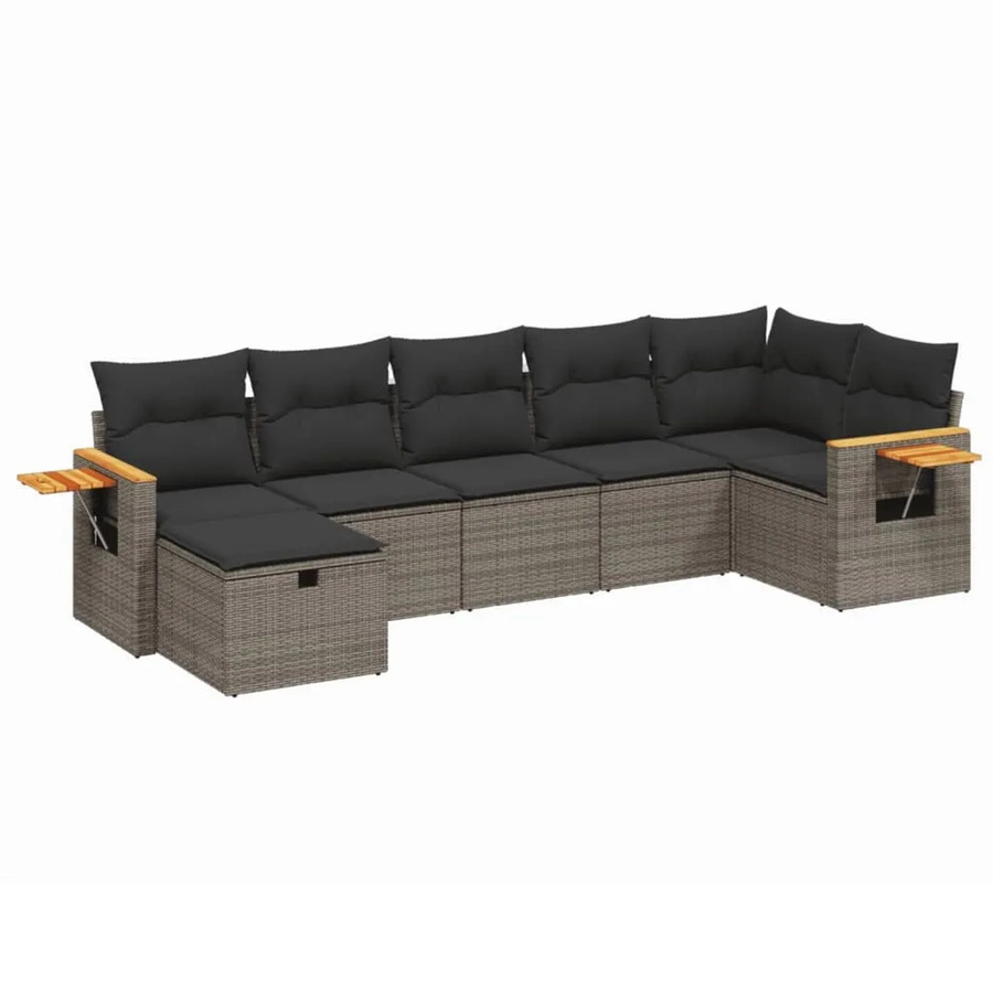 vidaXL 7-tlg. Garten-Sofagarnitur in L-Form aus Poly Rattan mit Kissen und Ottoman, Grau - Bild 2