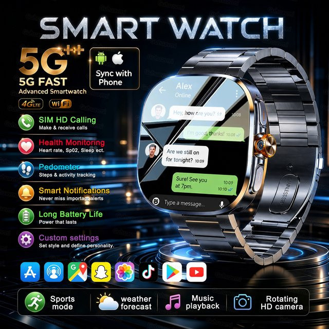 KAVSUMI Smartwatch mit 2,40 Zoll Display, 4G/5G, 190 Grad rotierbarer Kamera, GPS, WLAN und Android 10.0 in Schwarz - Bild 1