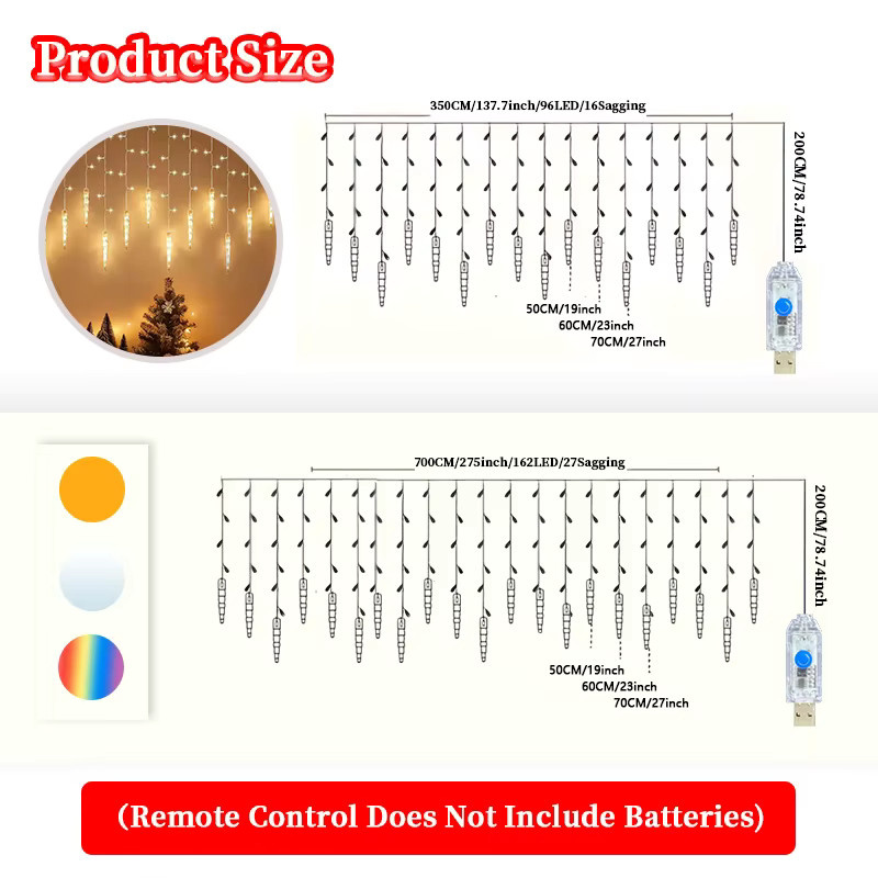 OKAL RED EAST LED Eiszapfen Lichterkette in Warmweiß mit USB-Anschluss und Fernbedienung für Weihnachtsdekoration, Garten, Terrasse und Hochzeit - Bild 3