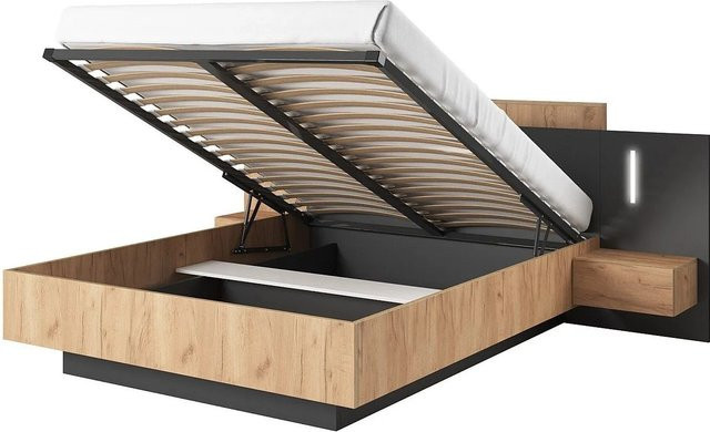 Francoli Bett mit Bettkasten in Anthrazitgrau und Naturfarben Hell, B/T/H: 140 x 190 x 244,4 cm - Bild 1